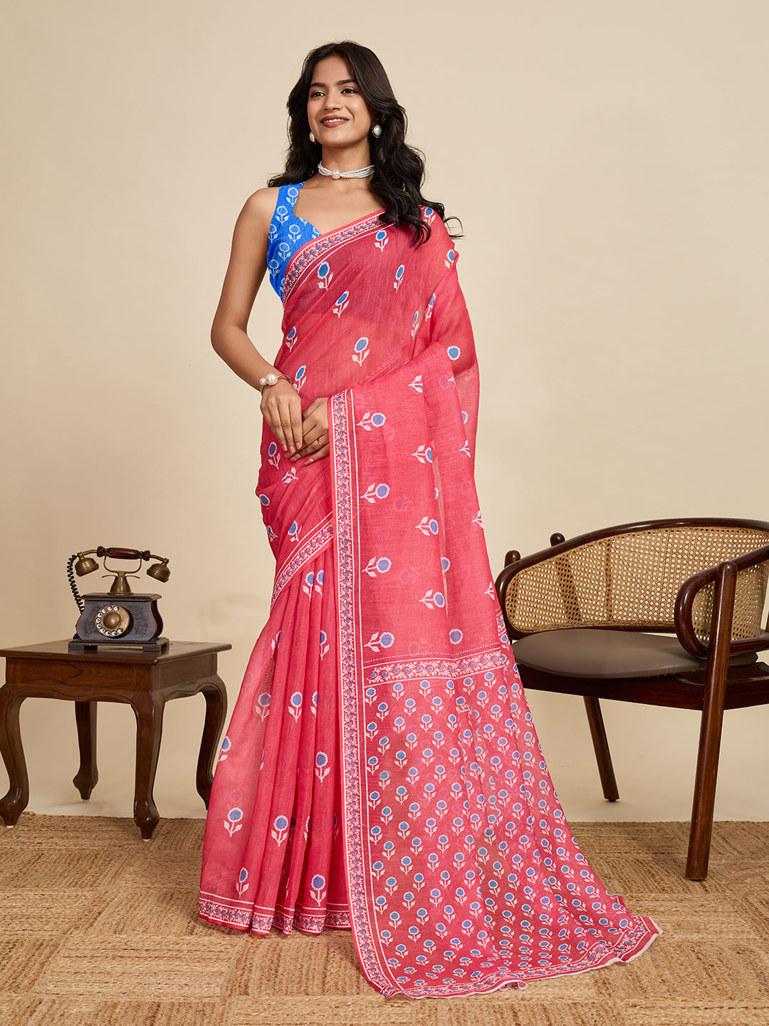Women's Red Color Linen Saree with Jari Border and Blouse – Printed All Over Designer
