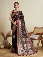 Soft Satin Silk Brown Saree with Rich Zari Motifs, Contrast Border & Elegant Blouse