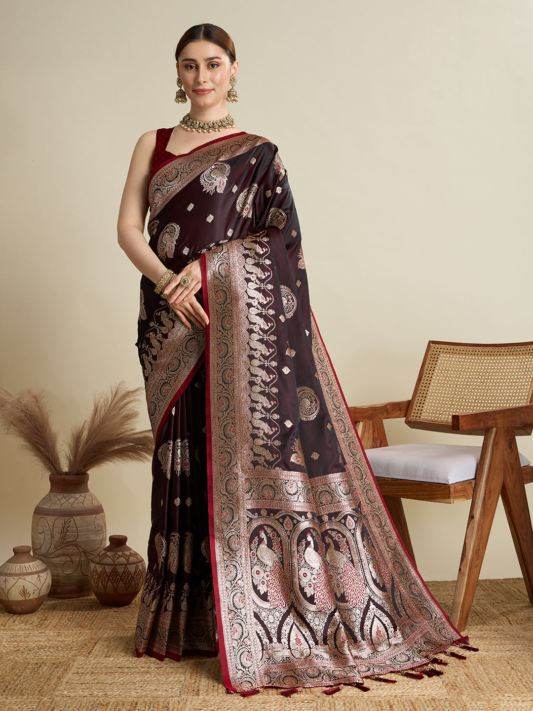 Soft Satin Silk Brown Saree with Rich Zari Motifs, Contrast Border & Elegant Blouse