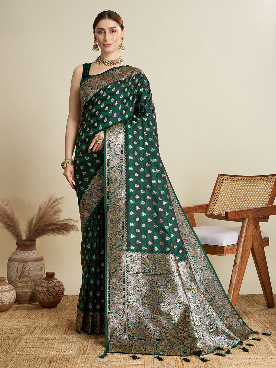 Soft Satin Silk Green Saree with Rich Zari Motifs, Contrast Border & Elegant Blouse