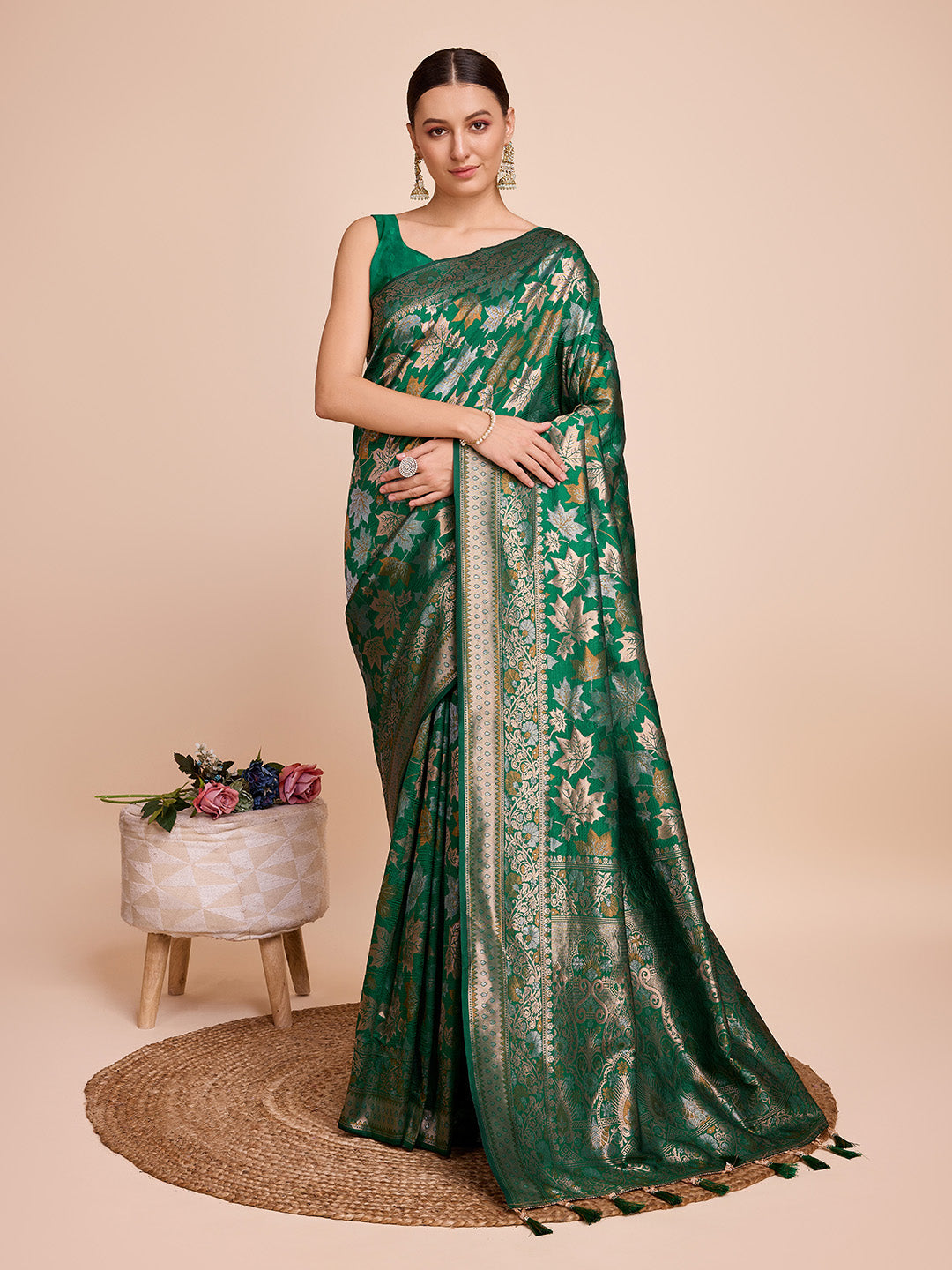 Sea Green Pure Silk Saree with Double Zari Weaving & Soft Zari Border