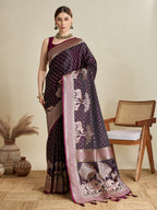Soft Satin Silk Wine Saree with Rich Zari Motifs, Contrast Border & Elegant Blouse