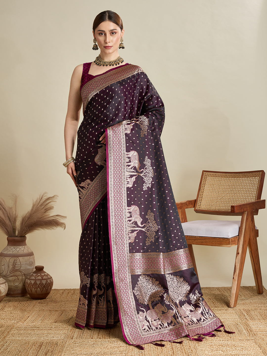 Soft Satin Silk Wine Saree with Rich Zari Motifs, Contrast Border & Elegant Blouse