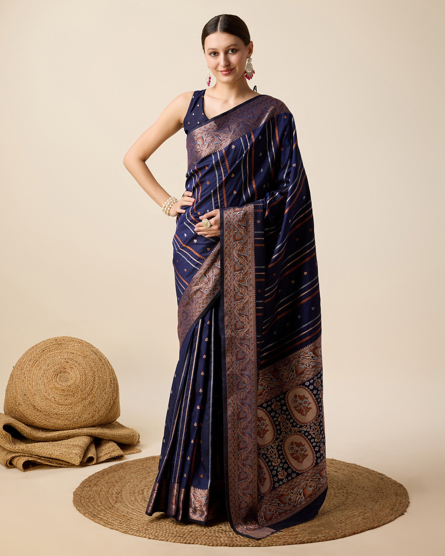 Navy Blue Pure Jacquard with Sona Chandi Zari – A Luxe Weave for Wedding & Festive Couture