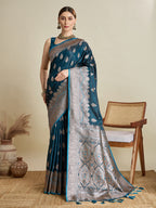 Soft Satin Silk Blue Saree with Rich Zari Motifs, Contrast Border & Elegant Blouse