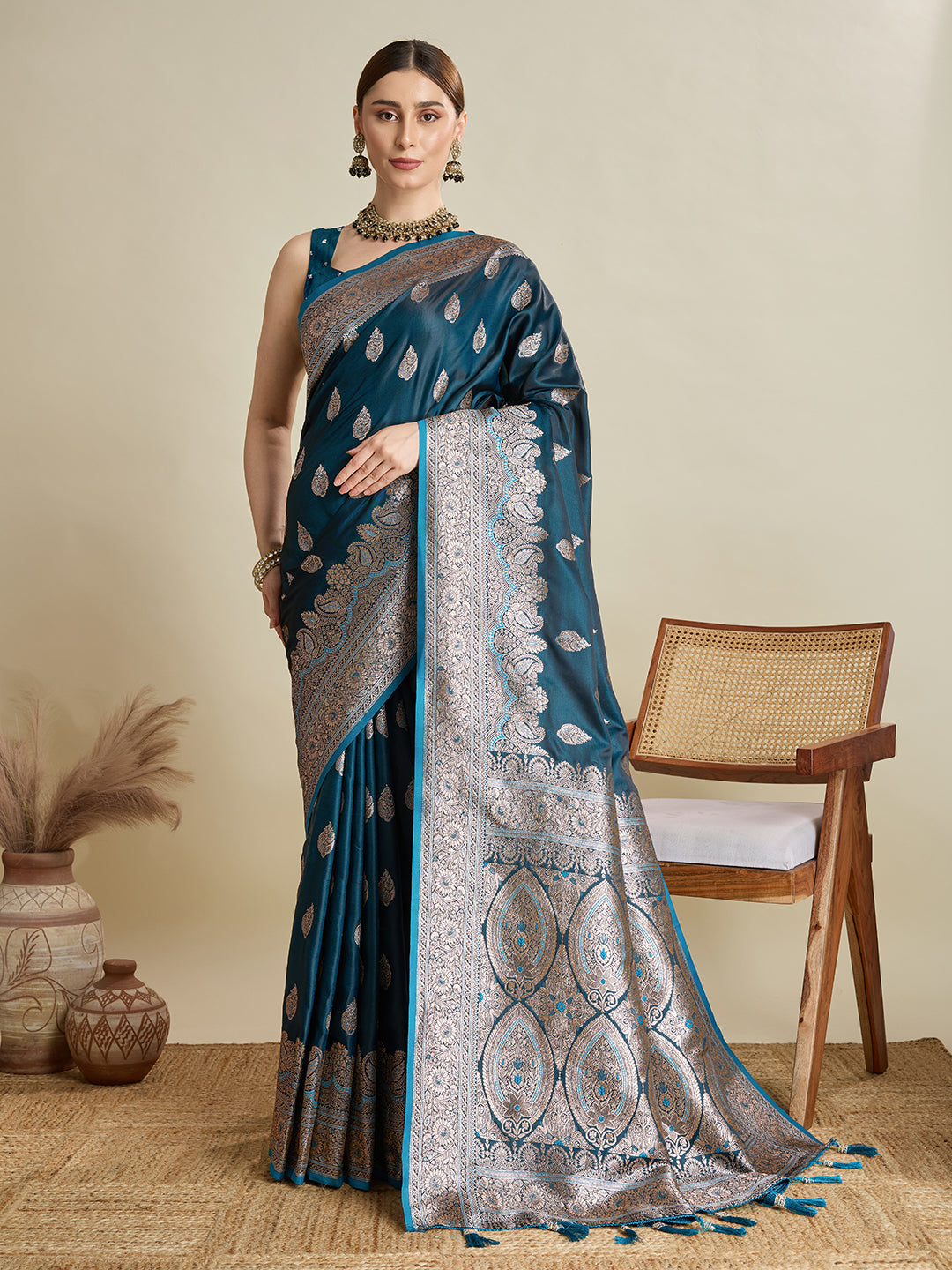 Soft Satin Silk Blue Saree with Rich Zari Motifs, Contrast Border & Elegant Blouse