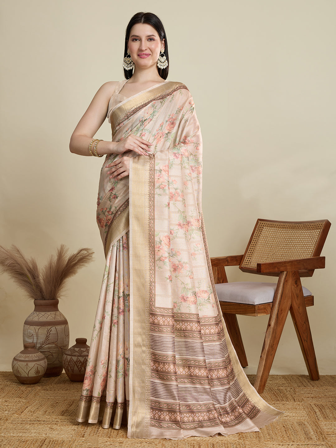 Soft, Breathable & Celebration-Ready: Semi Cotton Beige Sarees with Butti & Jacquard Elegance
