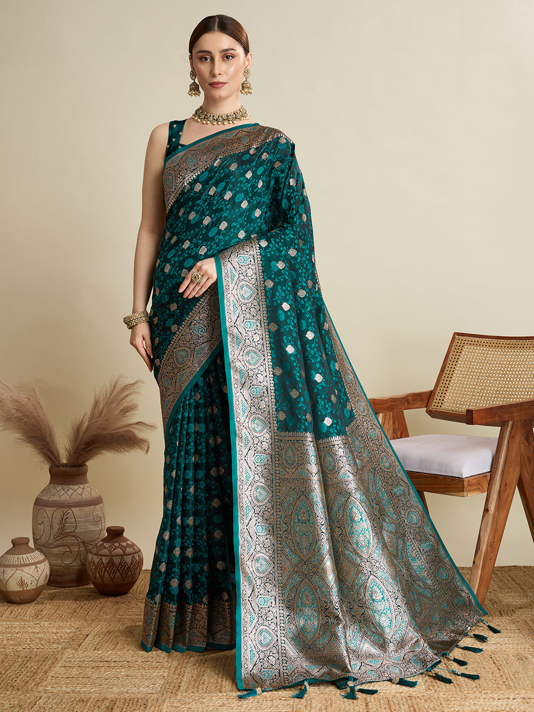 Soft Satin Silk Blue Saree with Rich Zari Motifs, Contrast Border & Elegant Blouse