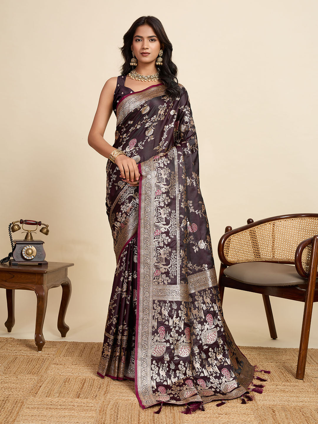 Premium Maroon  Two-Tone Satin Soft Silk Saree with All Over Zari Work & Contrast Woven Border