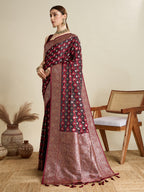 Soft Satin Silk Maroon Saree with Rich Zari Motifs, Contrast Border & Elegant Blouse