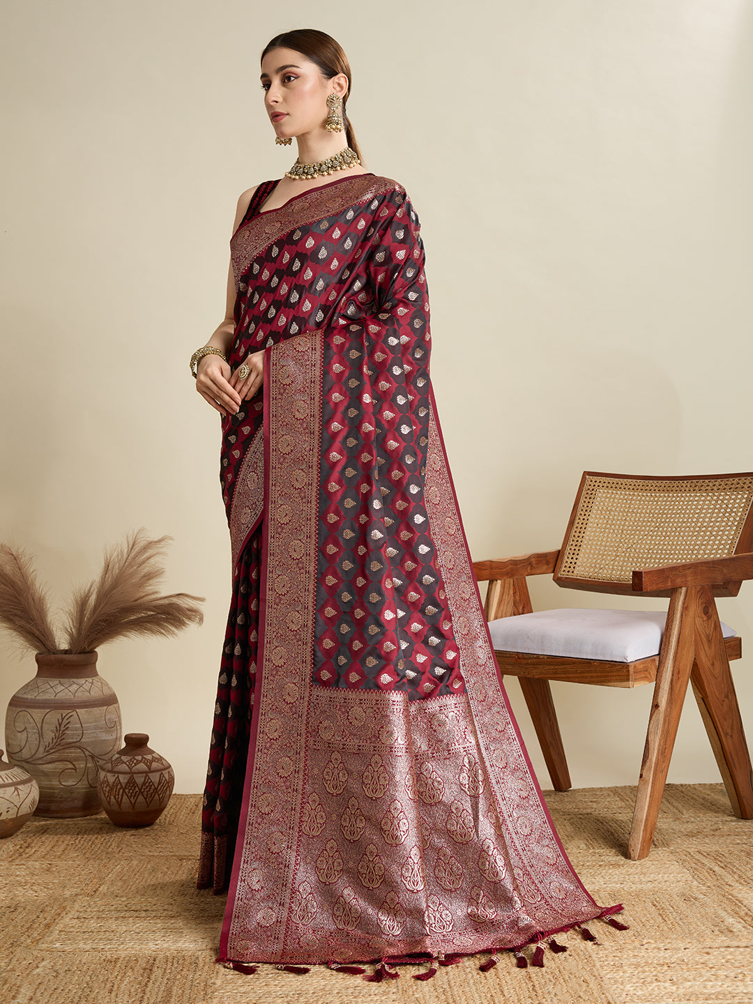 Soft Satin Silk Maroon Saree with Rich Zari Motifs, Contrast Border & Elegant Blouse