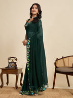 Green Georgette Soft Silk Saree with Floral Brush Print & Intricate Border – Elegant Pastel Saree for Festive & Daily Wear