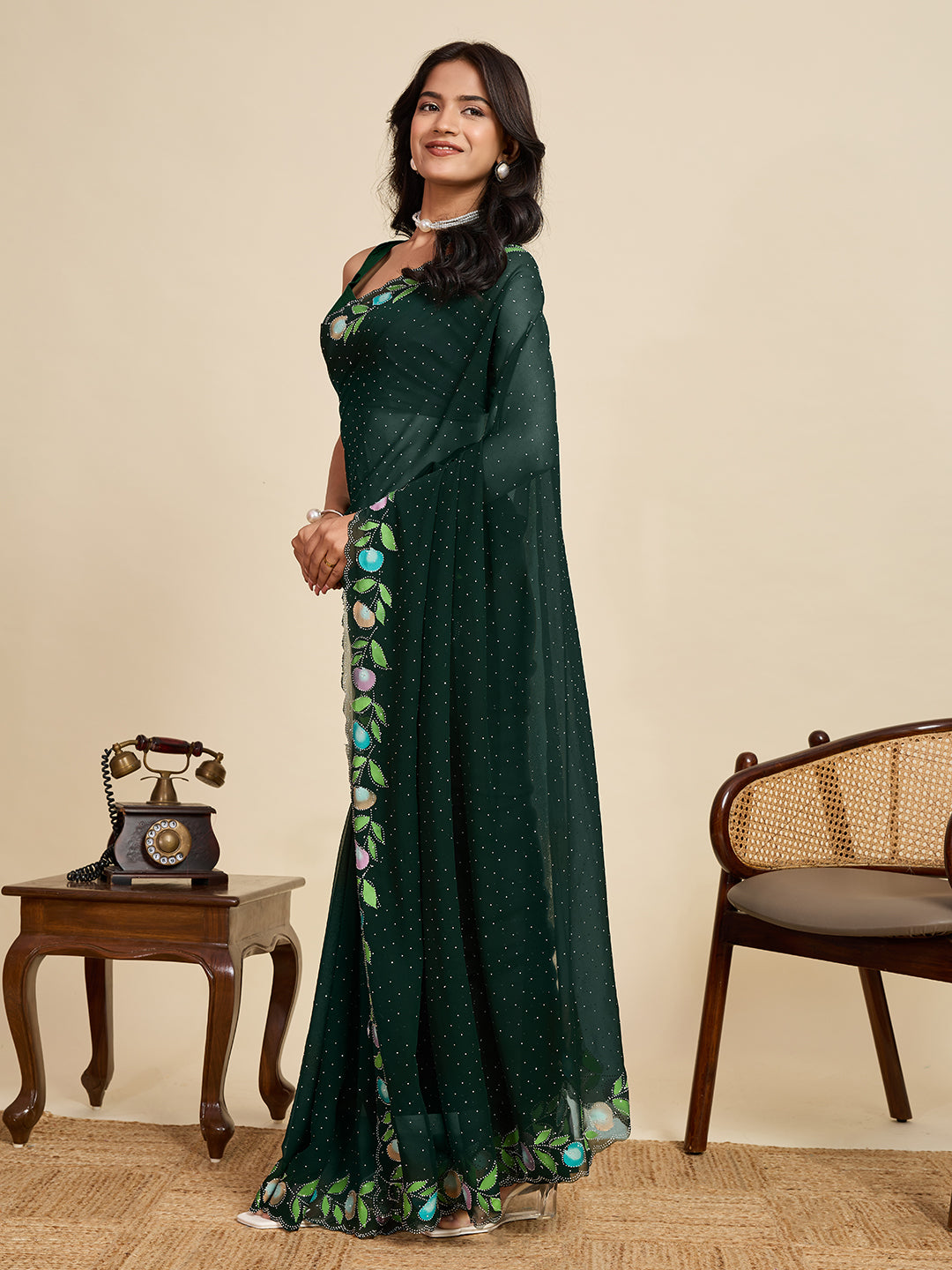 Green Georgette Soft Silk Saree with Floral Brush Print & Intricate Border – Elegant Pastel Saree for Festive & Daily Wear