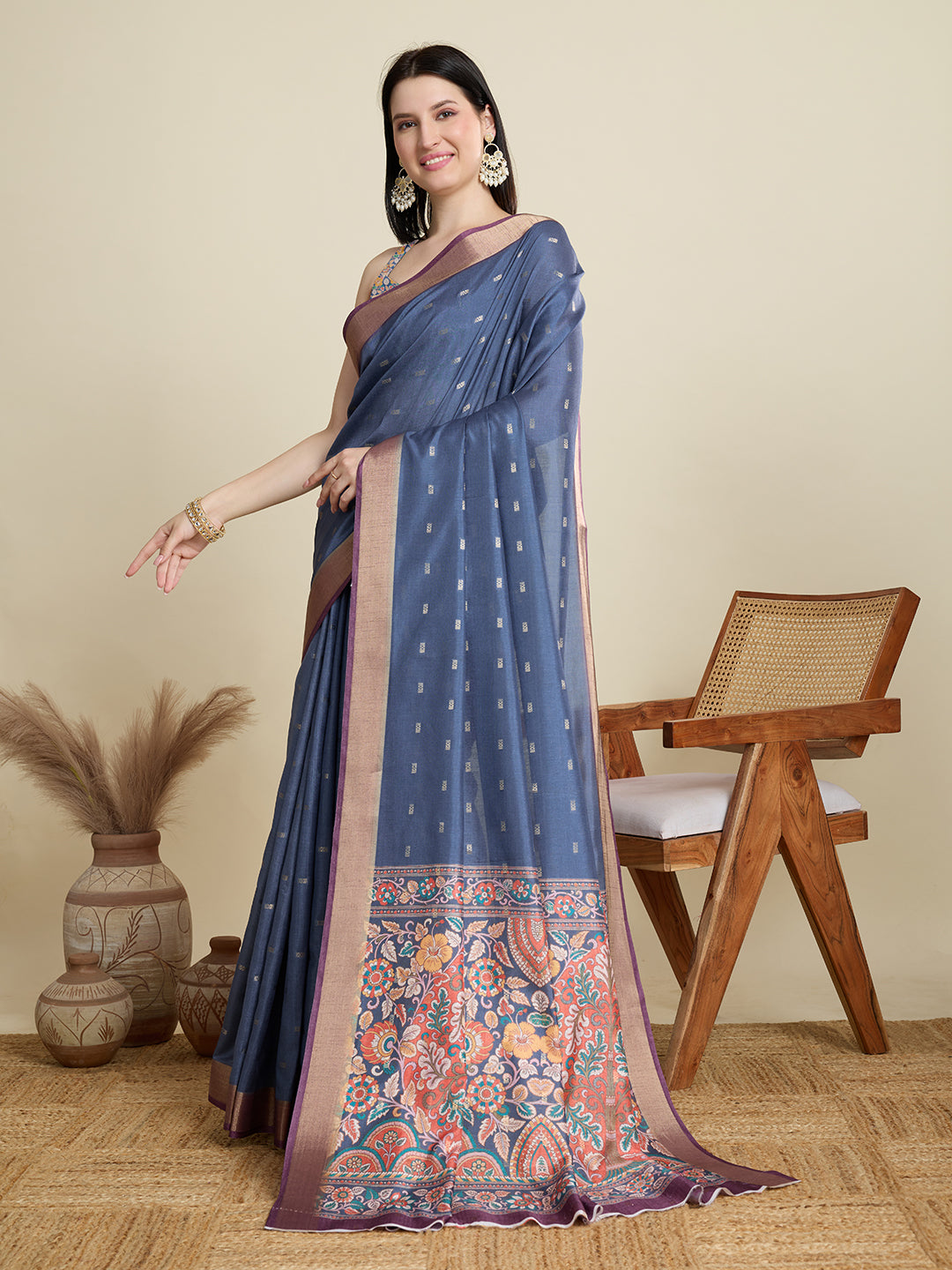 Soft, Breathable & Celebration-Ready: Semi Cotton Blue Sarees with Butti & Jacquard Elegance