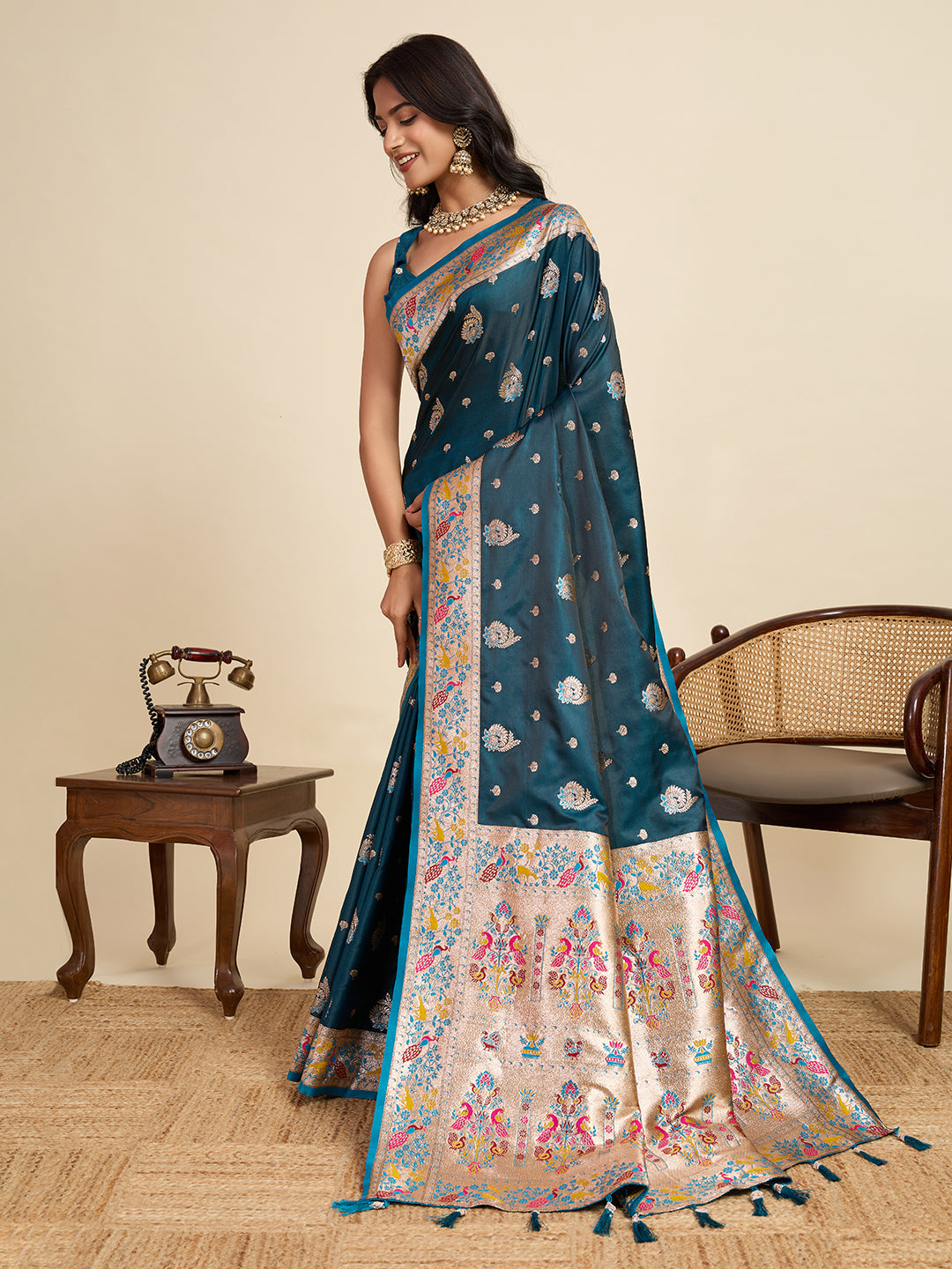 Blue Soft Silk Saree in Premium Two-Tone Satin with Paithani Design, Rich Zari Pallu & Contrast Mina Border