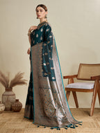 Soft Satin Silk Green Saree with Rich Zari Motifs, Contrast Border & Elegant Blouse