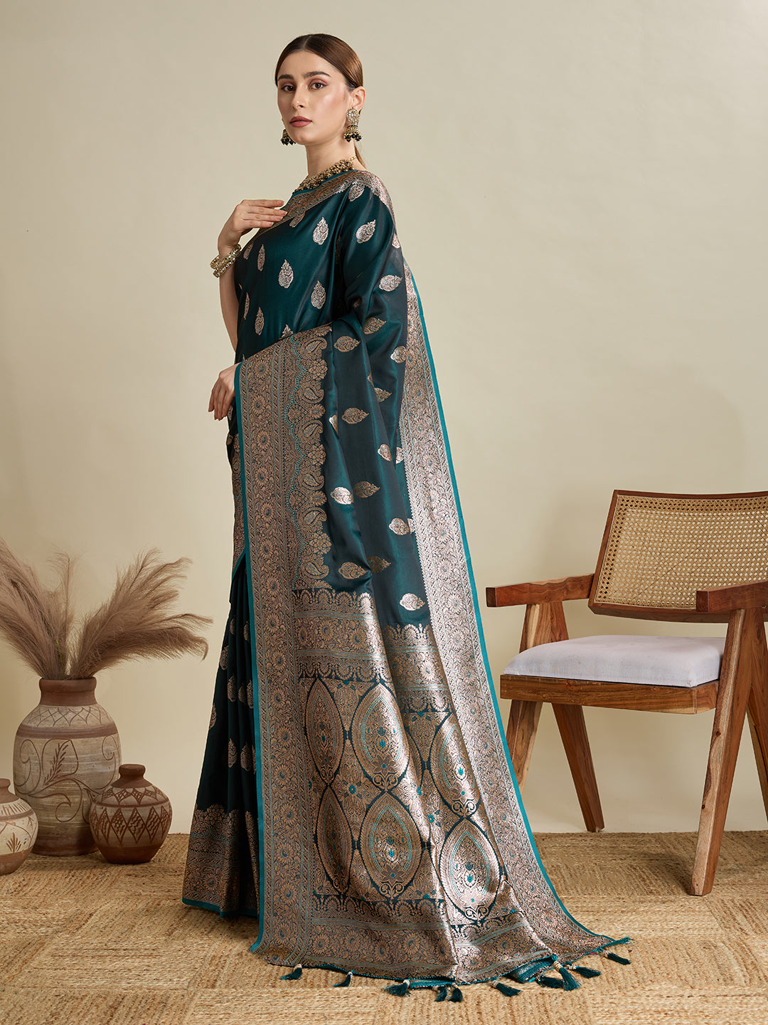 Soft Satin Silk Green Saree with Rich Zari Motifs, Contrast Border & Elegant Blouse