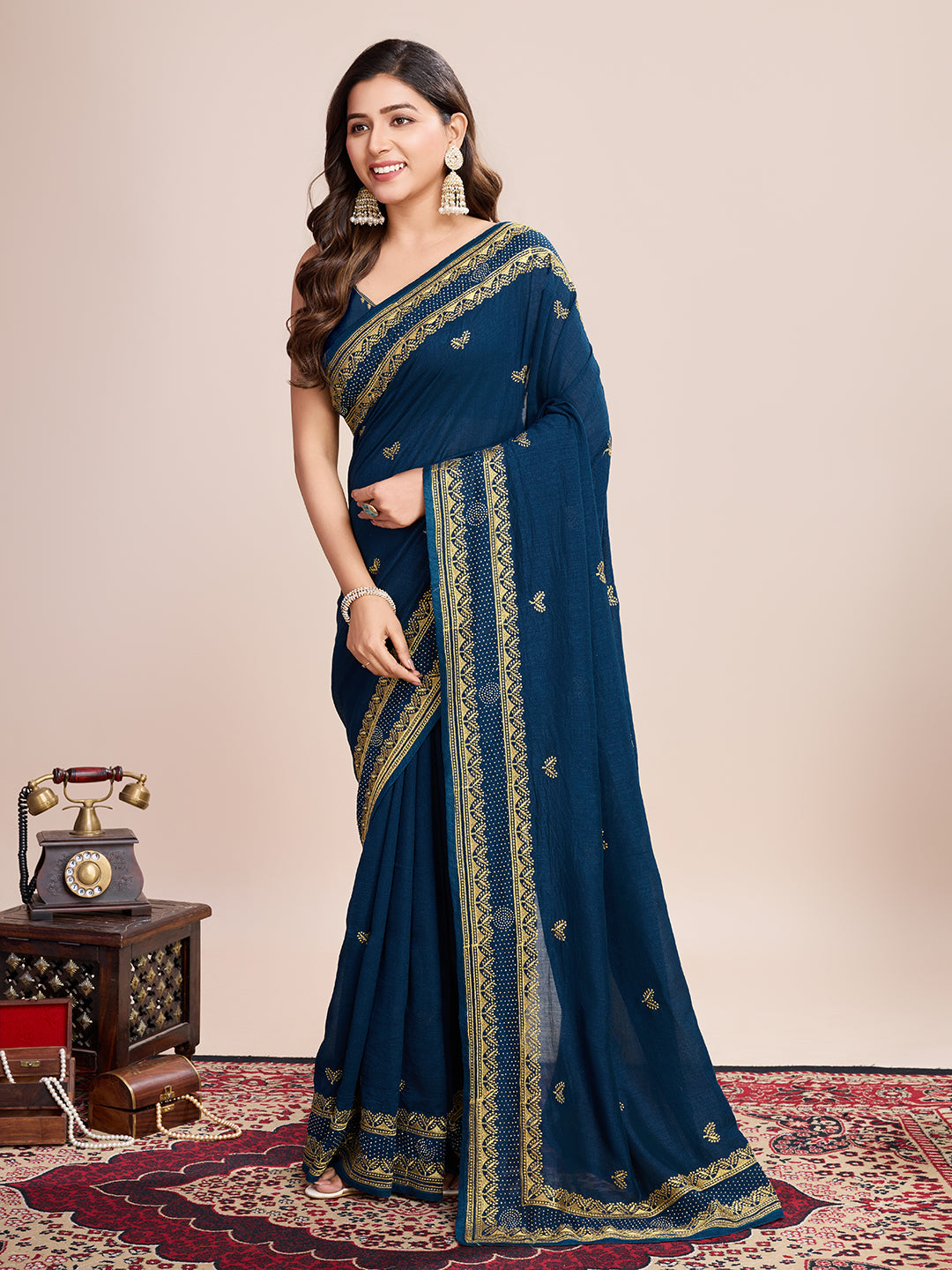 Soft Vichitra Silk Navy Blue  Saree with Intricate Multicolor Floral Work & Coordinated Embroidered