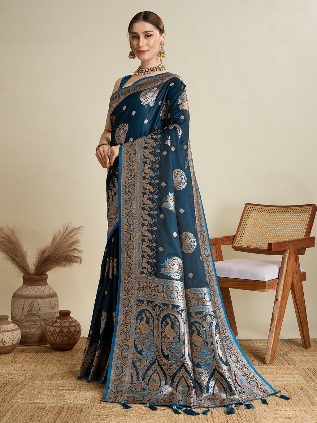 Soft Satin Silk Tourquise Blue Saree with Rich Zari Motifs, Contrast Border & Elegant Blouse