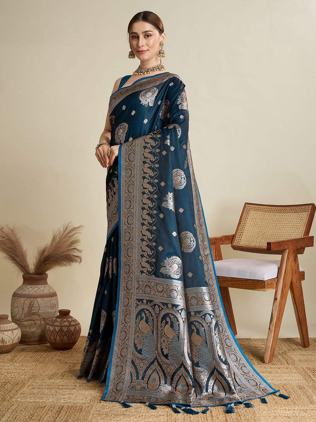 Soft Satin Silk Tourquise Blue Saree with Rich Zari Motifs, Contrast Border & Elegant Blouse