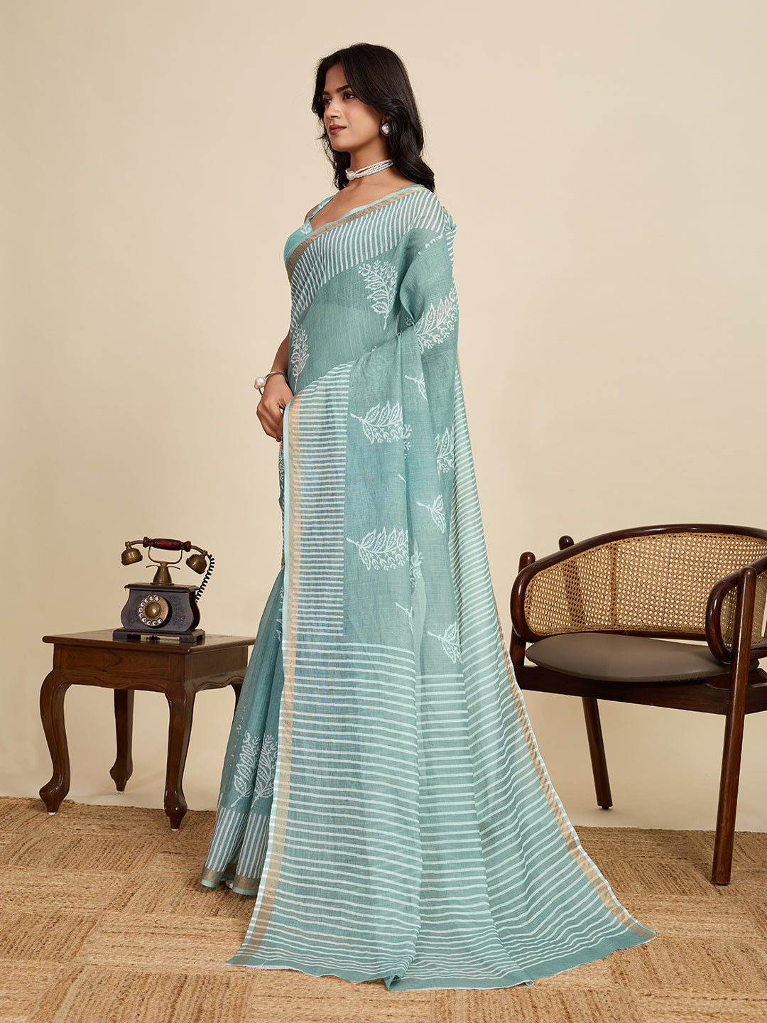 Women's Teal Color Linen Saree with Jari Border and Blouse – Printed All Over Designer