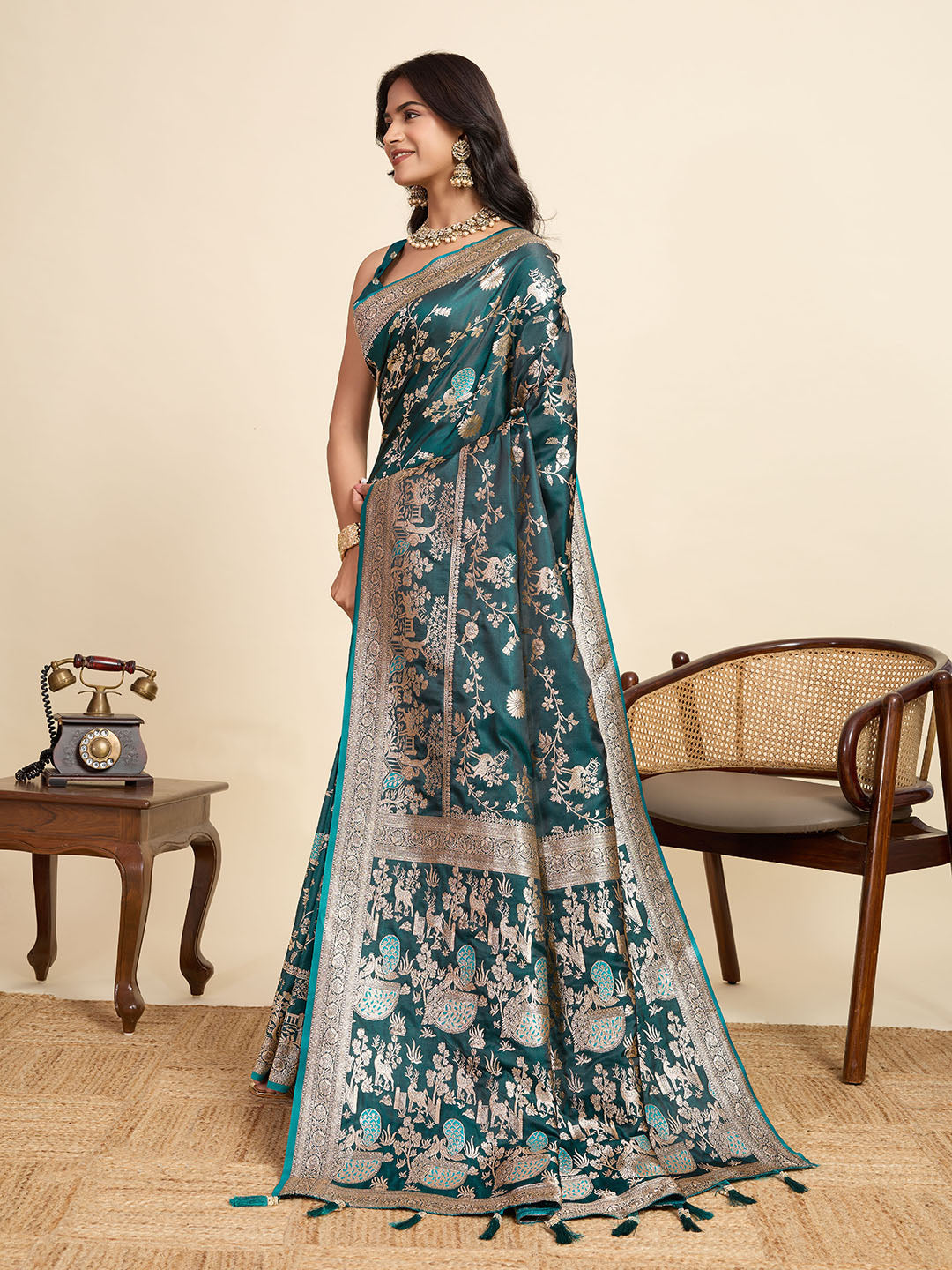 Premium Teal Two-Tone Satin Soft Silk Saree with All Over Zari Work & Contrast Woven Border