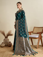 Soft Satin Silk Rama Green Saree with Rich Zari Motifs, Contrast Border & Elegant Blouse