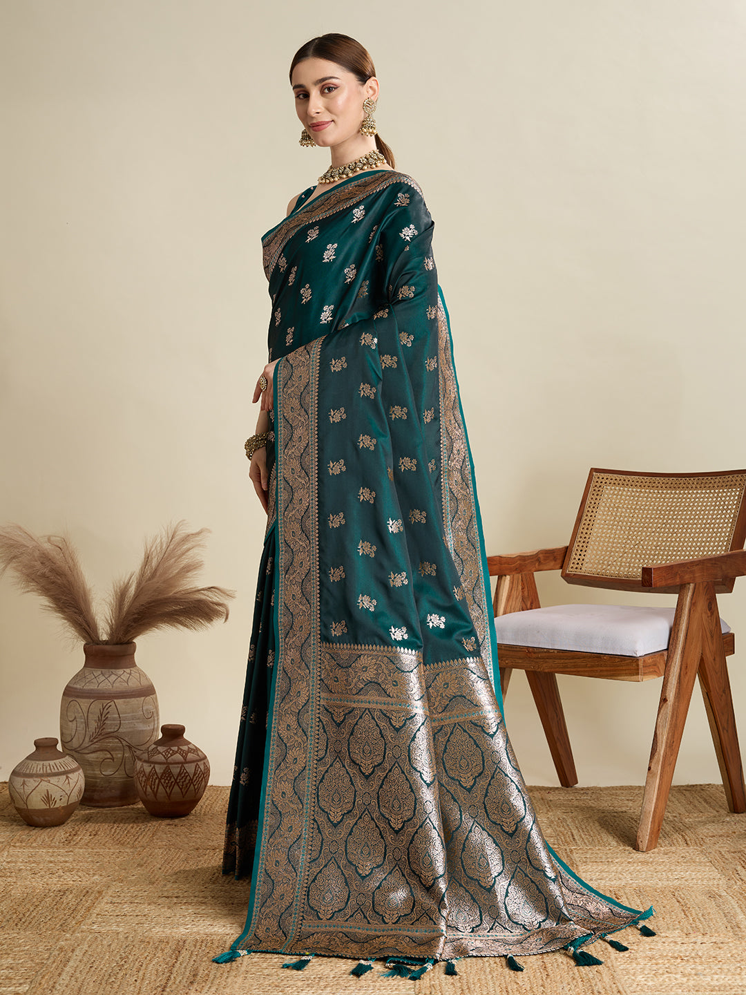 Soft Satin Silk Rama Green Saree with Rich Zari Motifs, Contrast Border & Elegant Blouse