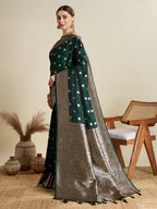 Soft Satin Silk Blue Saree with Rich Zari Motifs, Contrast Border & Elegant Blouse