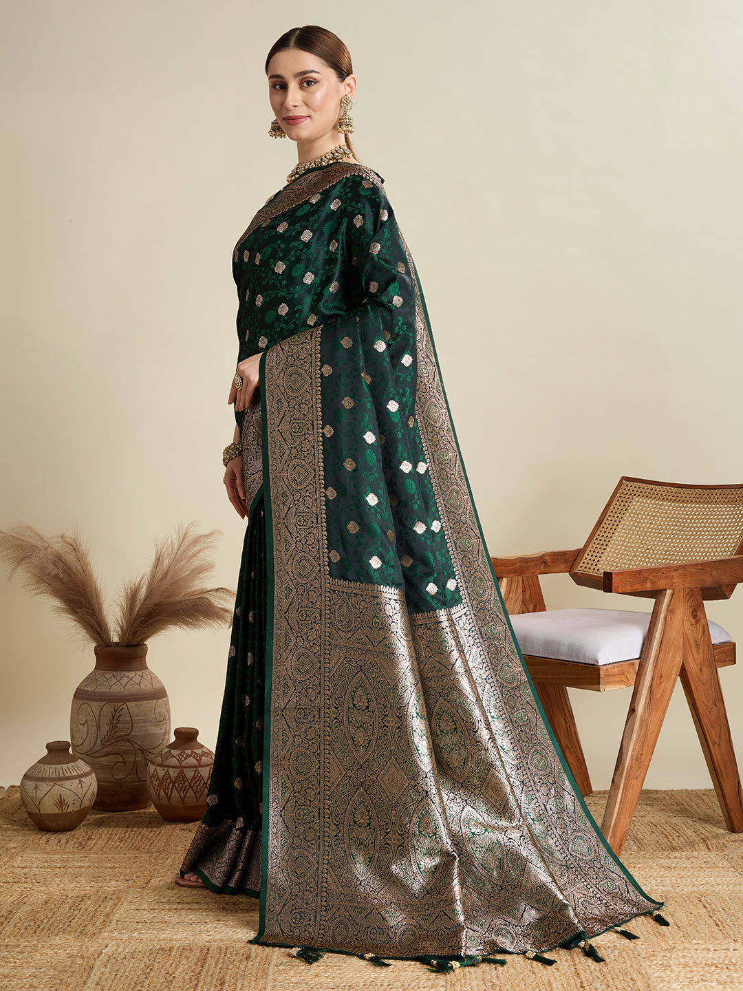 Soft Satin Silk Blue Saree with Rich Zari Motifs, Contrast Border & Elegant Blouse