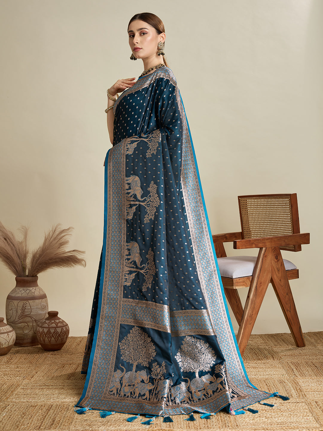 Soft Satin Silk Blue Saree with Rich Zari Motifs, Contrast Border & Elegant Blouse