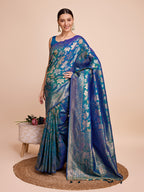 Blue Pure Silk Saree – Double Zari Weaving with Soft Zari Border & Gold/Copper Contrast