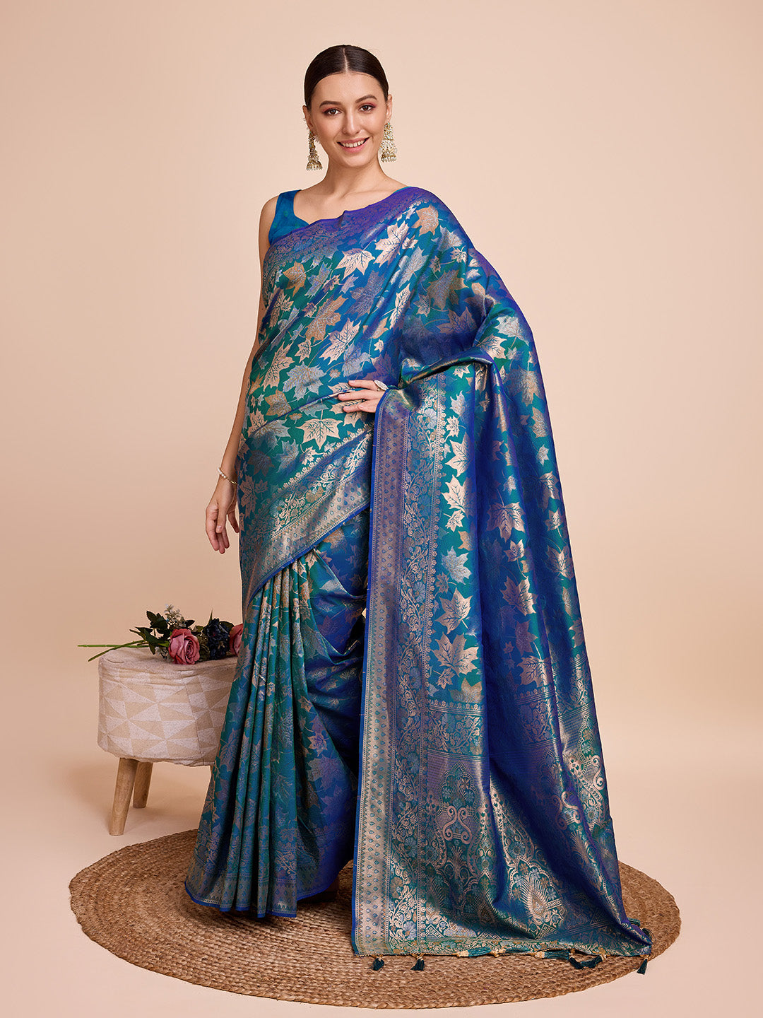 Blue Pure Silk Saree – Double Zari Weaving with Soft Zari Border & Gold/Copper Contrast