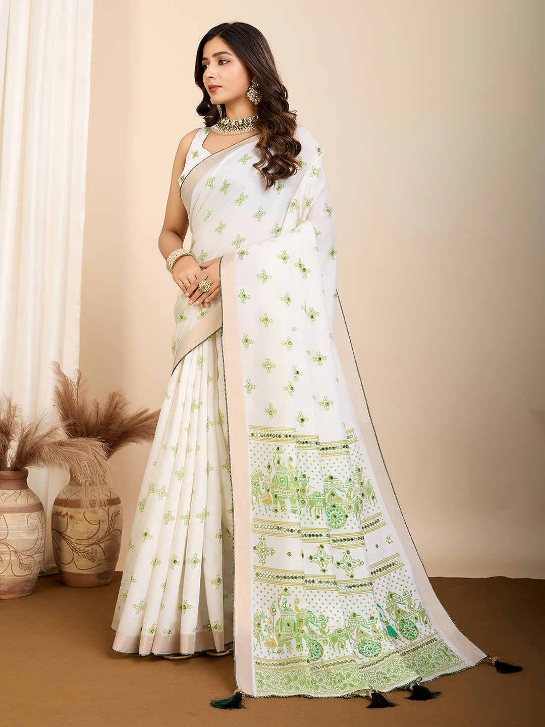 Pista Semi-Cotton Saree with Zari Border – Soft, Traditional & Elegant