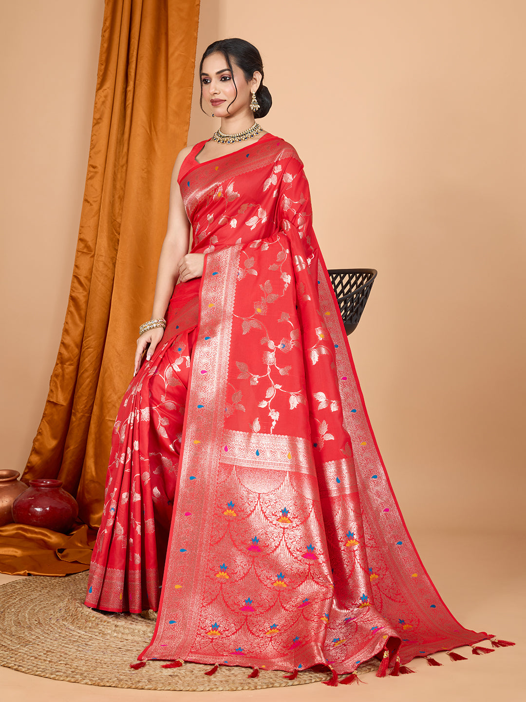 Red Soft Banarasi Silk Saree Featuring Meenakari Zari Weaving & Tassels on Pallu