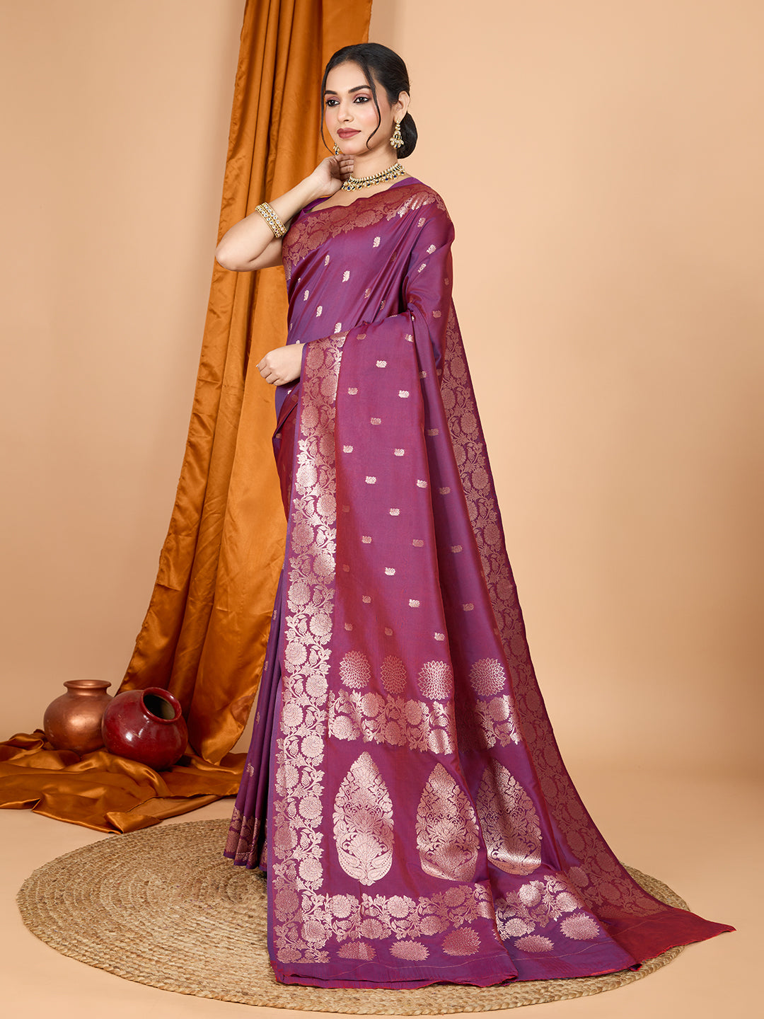 Wine Soft Banarasi Silk Saree Featuring Meenakari Zari Weaving & Tassels on Pallu