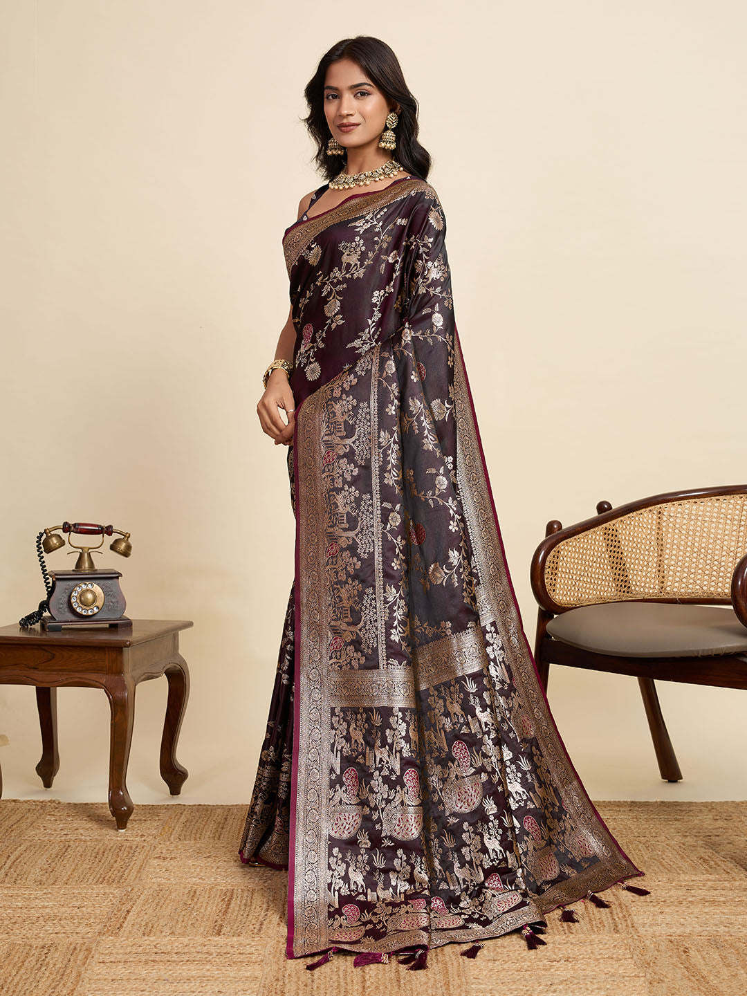 Premium Maroon  Two-Tone Satin Soft Silk Saree with All Over Zari Work & Contrast Woven Border