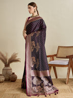 Soft Satin Silk Wine Saree with Rich Zari Motifs, Contrast Border & Elegant Blouse
