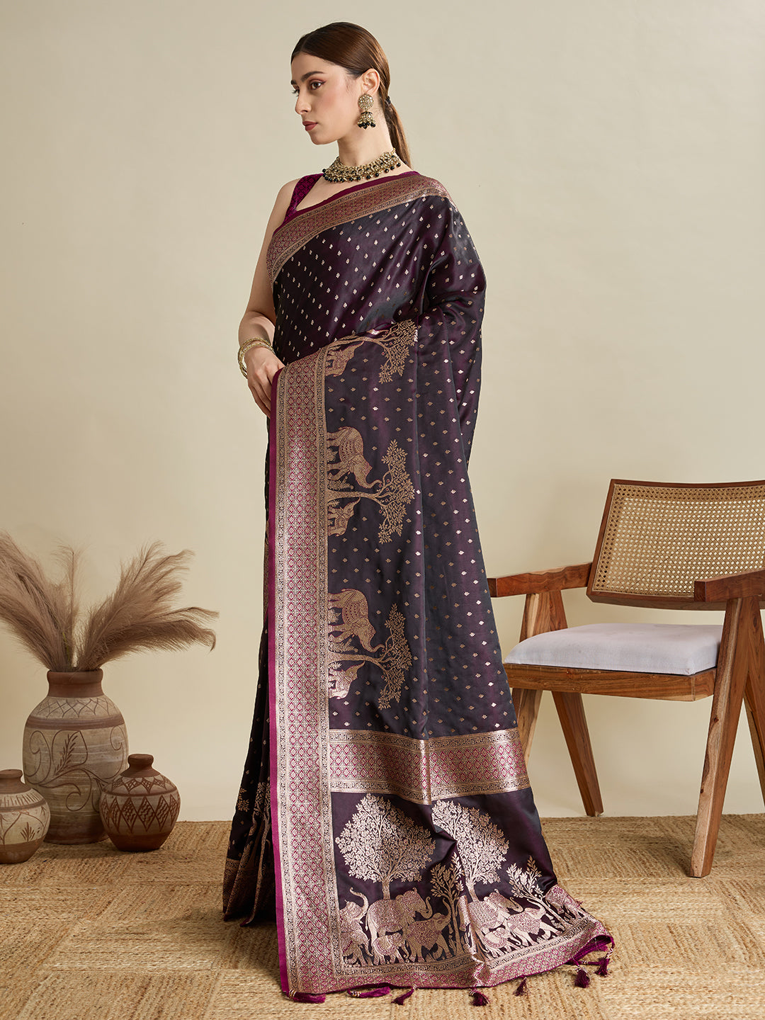 Soft Satin Silk Wine Saree with Rich Zari Motifs, Contrast Border & Elegant Blouse