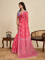 Women's Red Color Linen Saree with Jari Border and Blouse – Printed All Over Designer