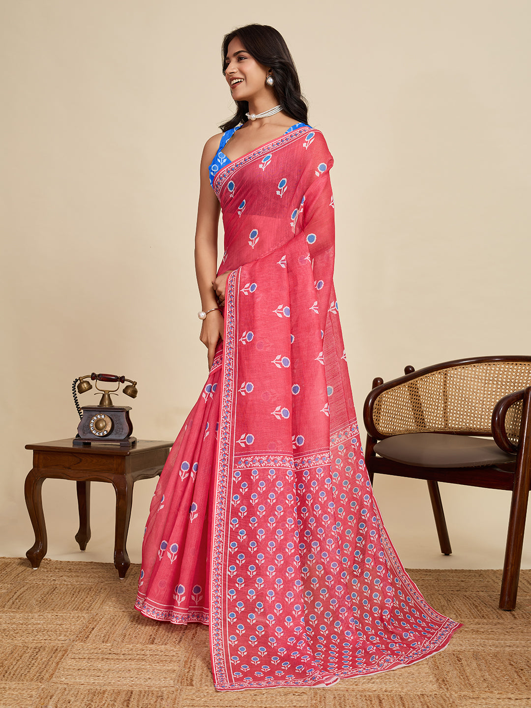 Women's Red Color Linen Saree with Jari Border and Blouse – Printed All Over Designer