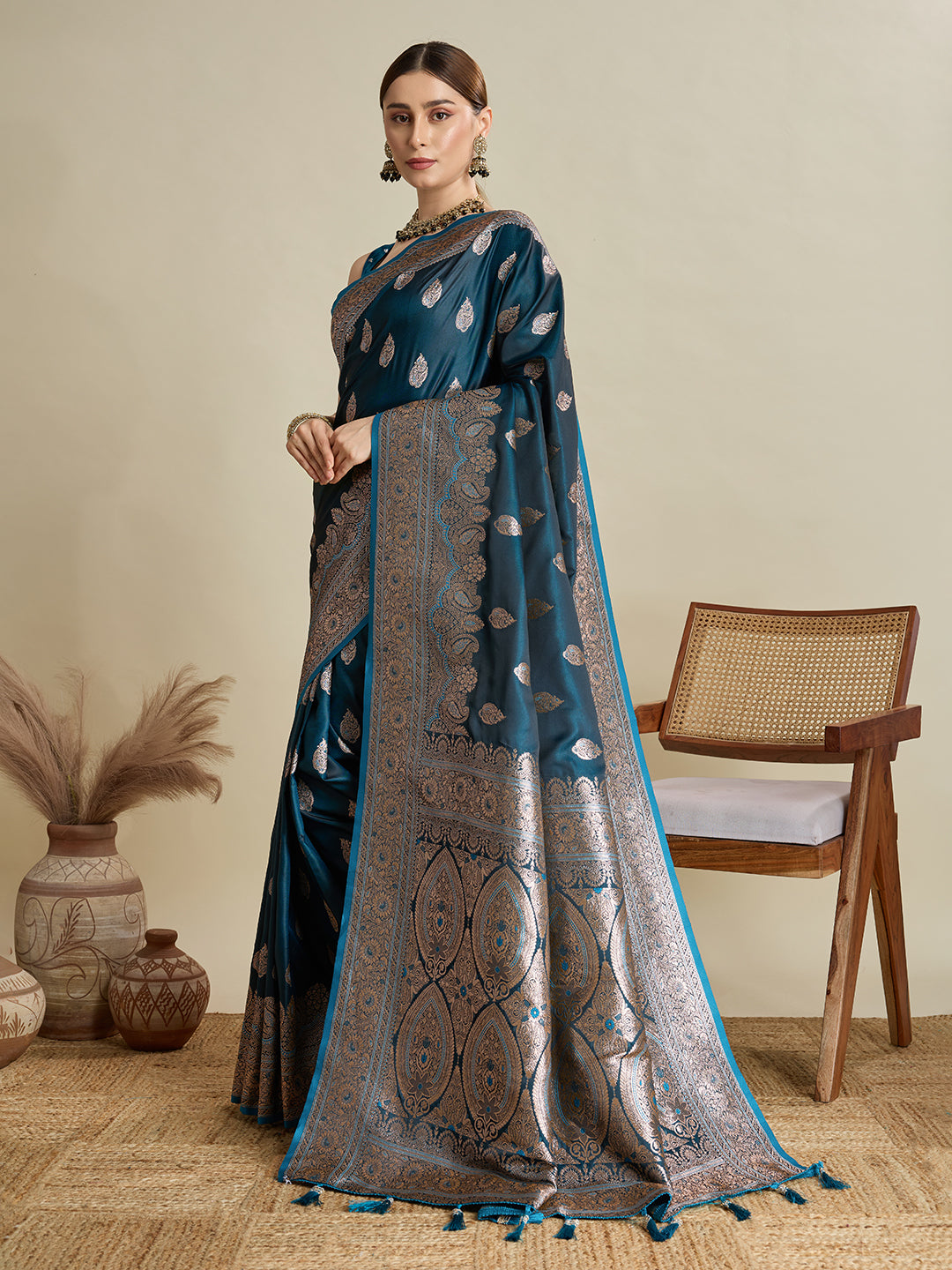 Soft Satin Silk Blue Saree with Rich Zari Motifs, Contrast Border & Elegant Blouse