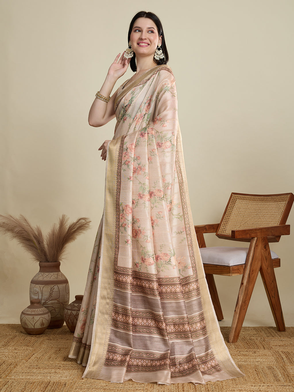 Soft, Breathable & Celebration-Ready: Semi Cotton Beige Sarees with Butti & Jacquard Elegance
