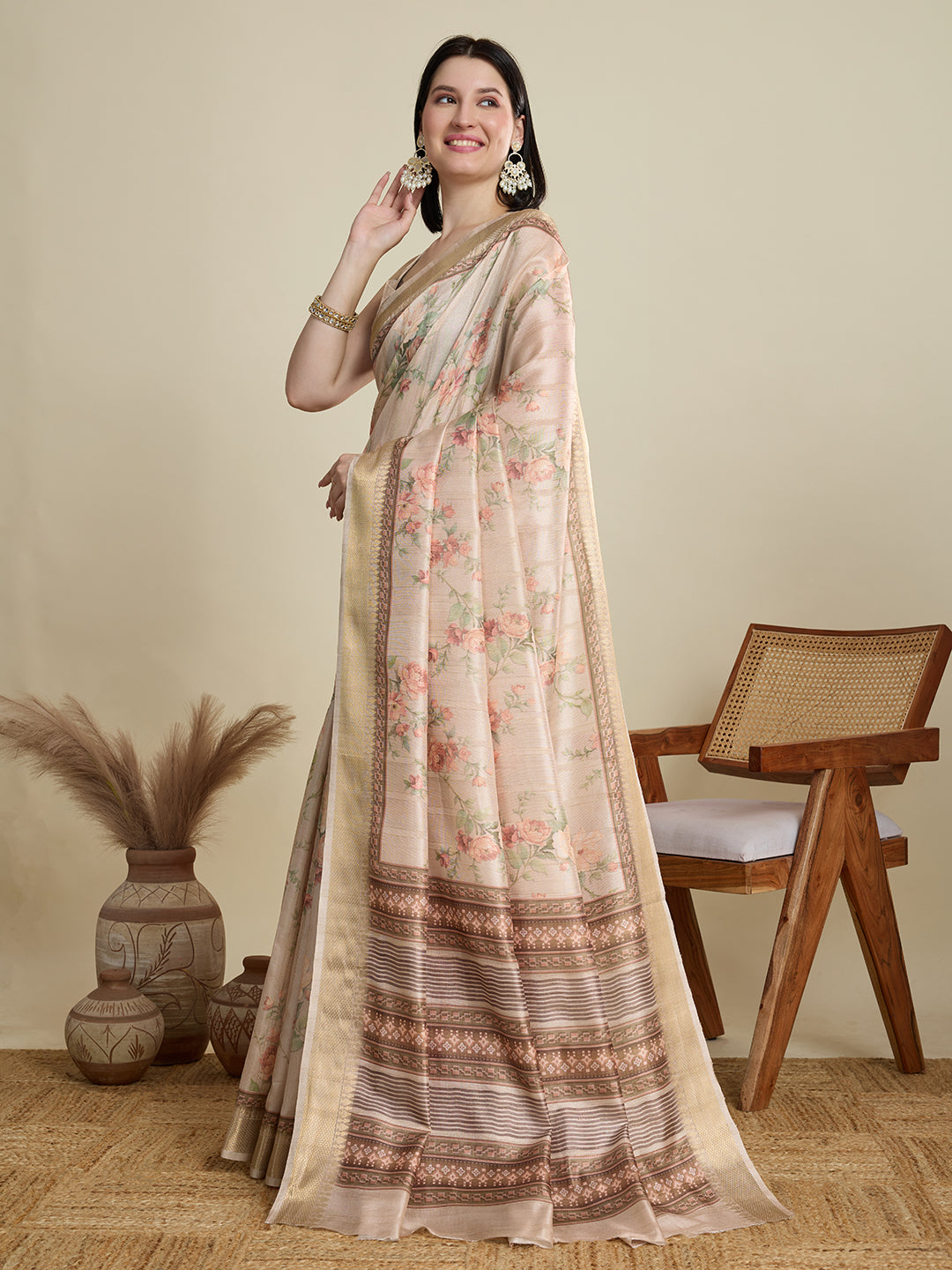 Soft, Breathable & Celebration-Ready: Semi Cotton Beige Sarees with Butti & Jacquard Elegance