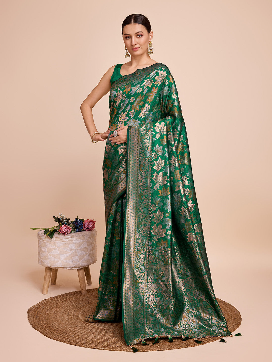 Sea Green Pure Silk Saree with Double Zari Weaving & Soft Zari Border