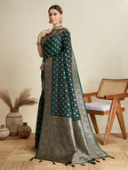 Soft Satin Silk Green Saree with Rich Zari Motifs, Contrast Border & Elegant Blouse
