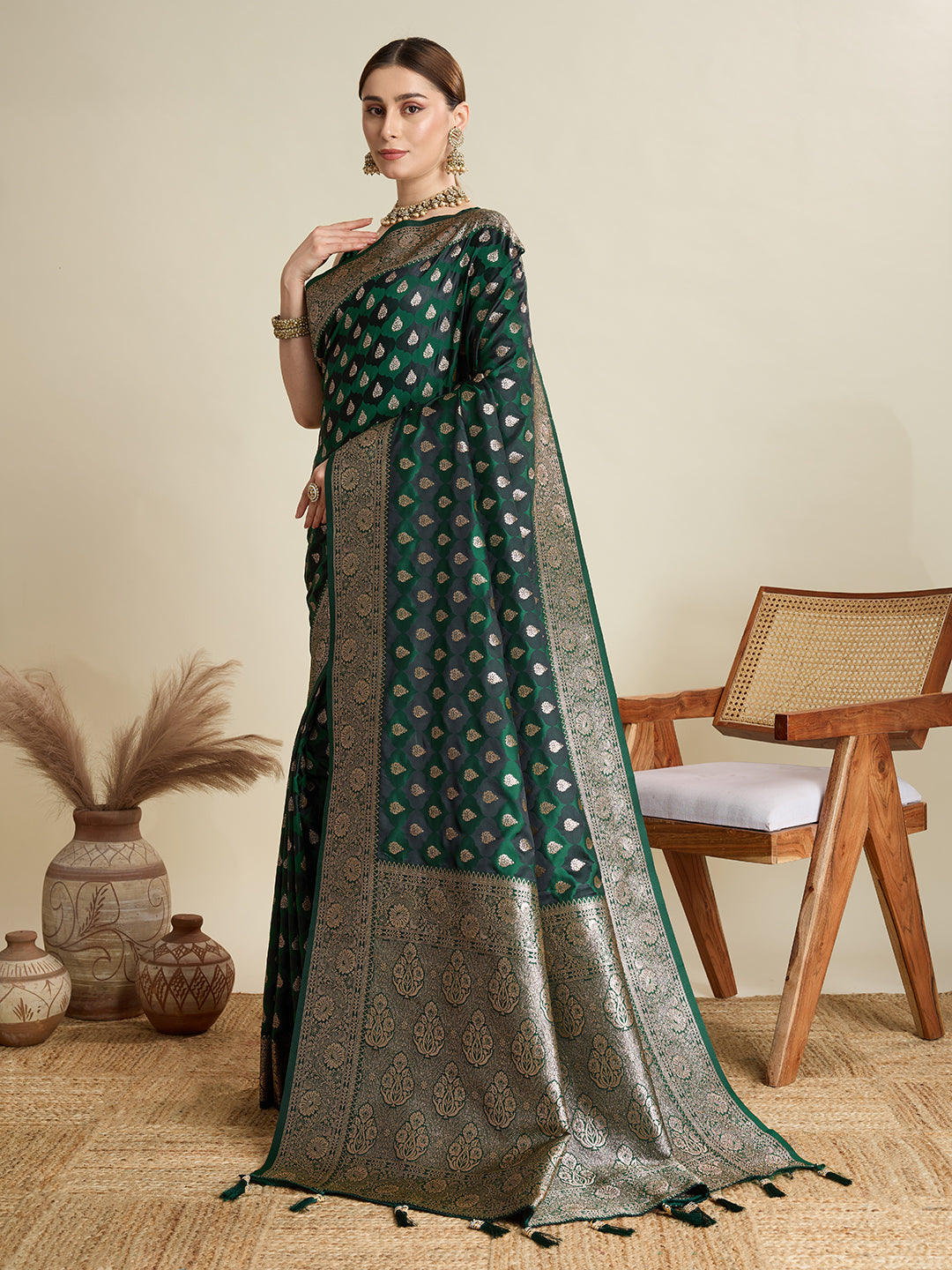 Soft Satin Silk Green Saree with Rich Zari Motifs, Contrast Border & Elegant Blouse