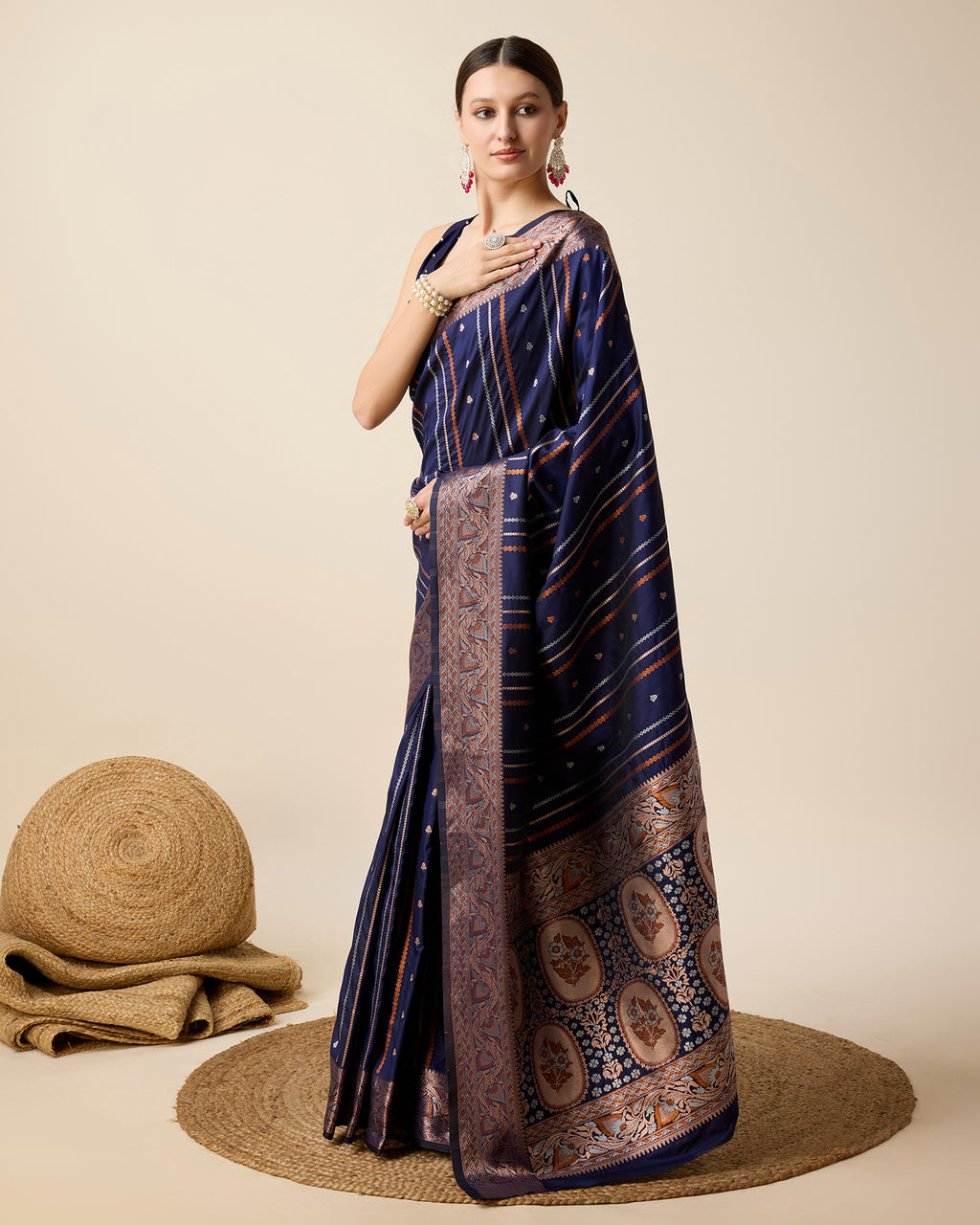Navy Blue Pure Jacquard with Sona Chandi Zari – A Luxe Weave for Wedding & Festive Couture