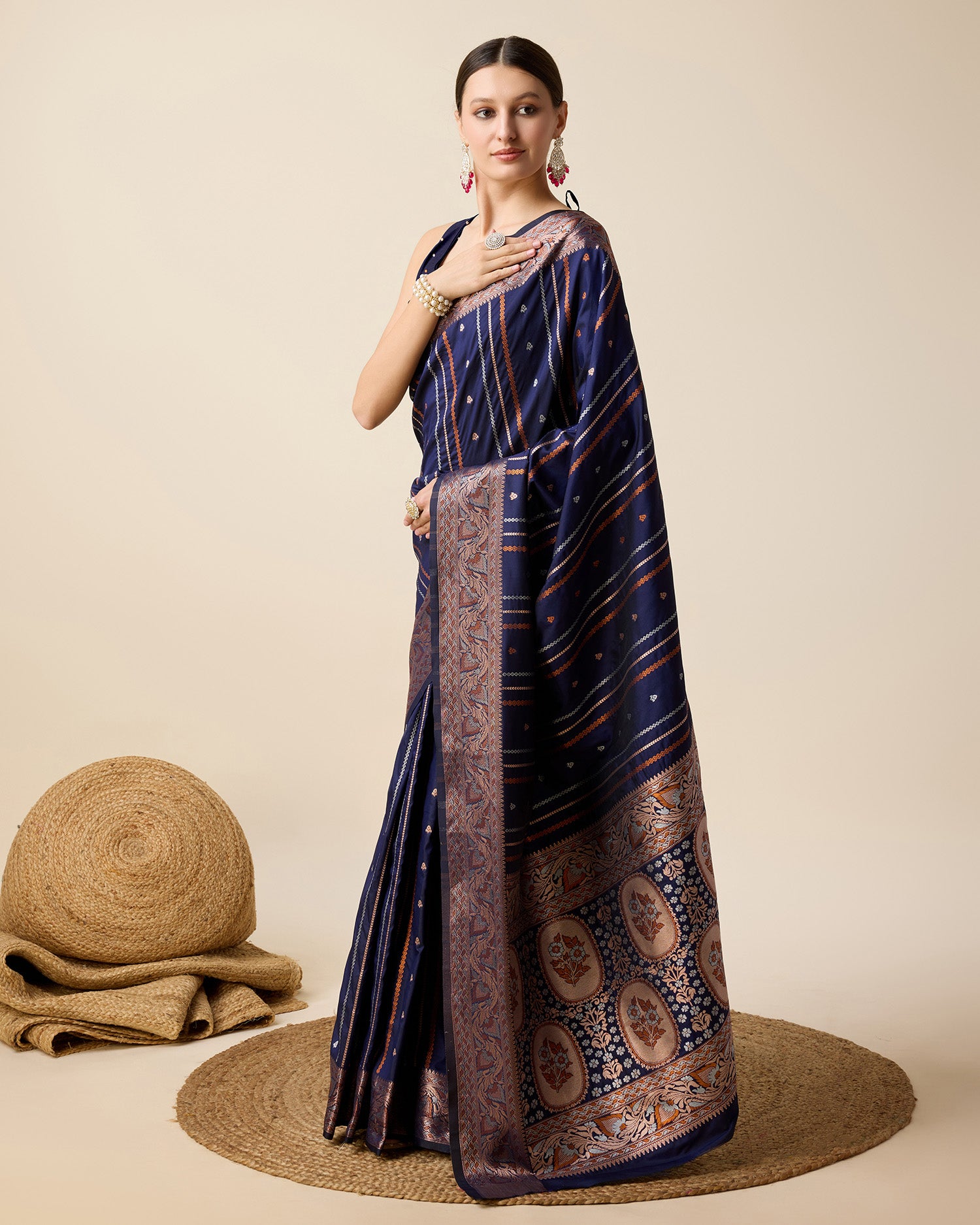 Navy Blue Pure Jacquard with Sona Chandi Zari – A Luxe Weave for Wedding & Festive Couture