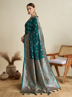Soft Satin Silk Blue Saree with Rich Zari Motifs, Contrast Border & Elegant Blouse